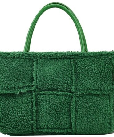 Askrykins Plald Fluffy Tote Bag With Inner Pouch in Green