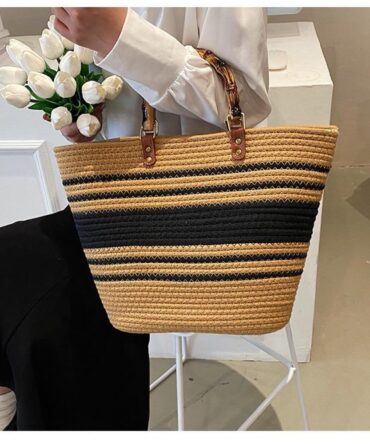 Ashrykins New Luxury Woven Casual Tote Bag in Khaki and Black