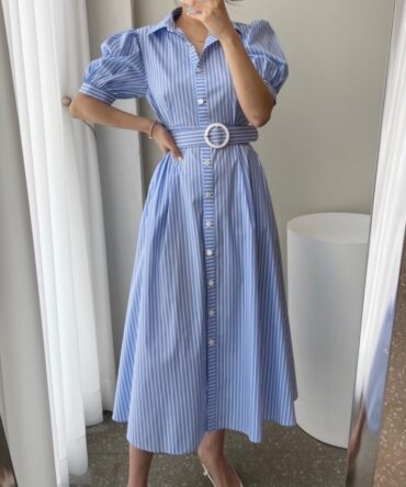 Ashrykins Puff Sleeves Semi-Formal Dress In Powder Blue