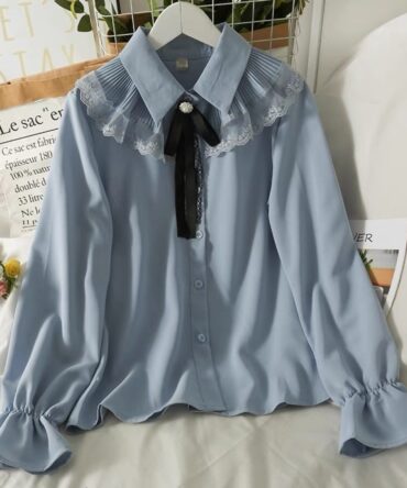 Ashrykins Bell sleeve Top with Ruffle Bow Ribbon Top in Blue