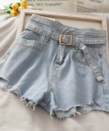 Ashrykins High Rise denim short with ripped hem in blue with Denim Belt - s-2