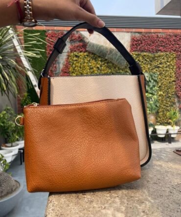 Ashrykins Color Block Structured Bucket Crossbody Bag in Brown and White