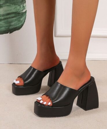 Askrykins Square Toe Mule Flared Block High Heel Sandal in black