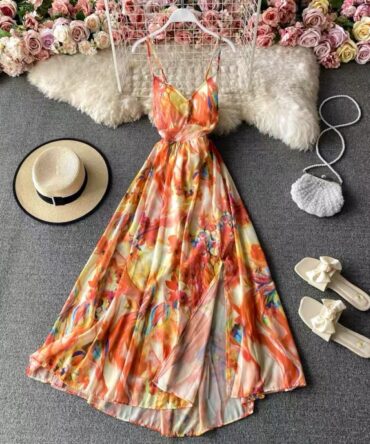 Ashrykins Spaghetti Strap Flower Midi Dress With Side Cut In Tangerine