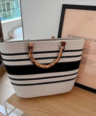 Ashrykins New Luxury Woven Casual Tote Bag in White and Black