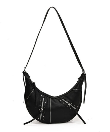 Ashrykins Edgy Stud Crescent Moon Shoulder Bag in Black