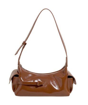 Mocha Pockett Flap Side Satchel in Glossy Brown