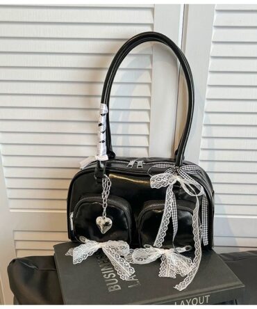 Midnight Tulle Lace Charm Satchel in Black